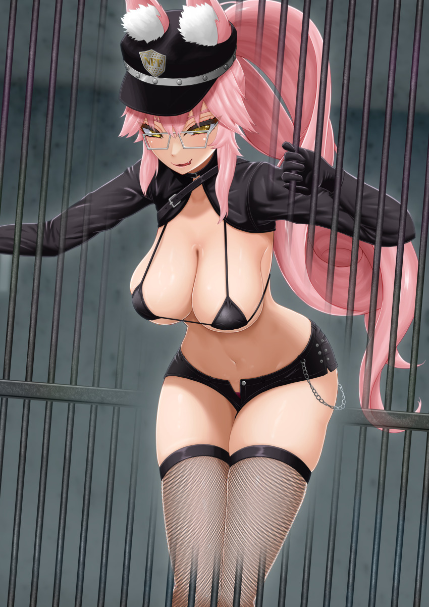 1girl absurdres animal_ear_fluff animal_ears bikini black_bikini blush breasts chain cleavage fate/grand_order fate_(series) fox_ears fox_girl glasses gloves hat highres koyanskaya_(fate) large_breasts long_hair long_sleeves looking_at_viewer navel pink_hair prison_cell pucci-la-pucci smile solo swimsuit tamamo_(fate) thighhighs thighs yellow_eyes