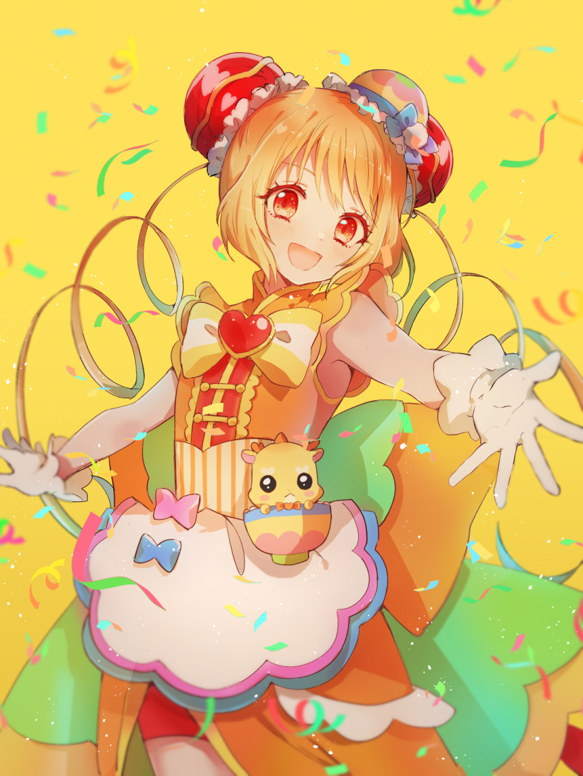 1girl :d apron back_bow blonde_hair blue_bow bow brooch bun_cover confetti cowboy_shot cure_yum-yum delicious_party_precure dot_nose double_bun dress drill_hair gloves hair_bun hanamichi_ran hat hat_bow head_tilt heart heart_brooch highres jewelry large_bow lazy_orange long_hair looking_at_viewer magical_girl mem-mem_(precure) mini_hat open_mouth orange_dress outstretched_arms outstretched_hand precure red_eyes smile spread_arms standing striped_bow twin_drills white_apron white_gloves yellow_background