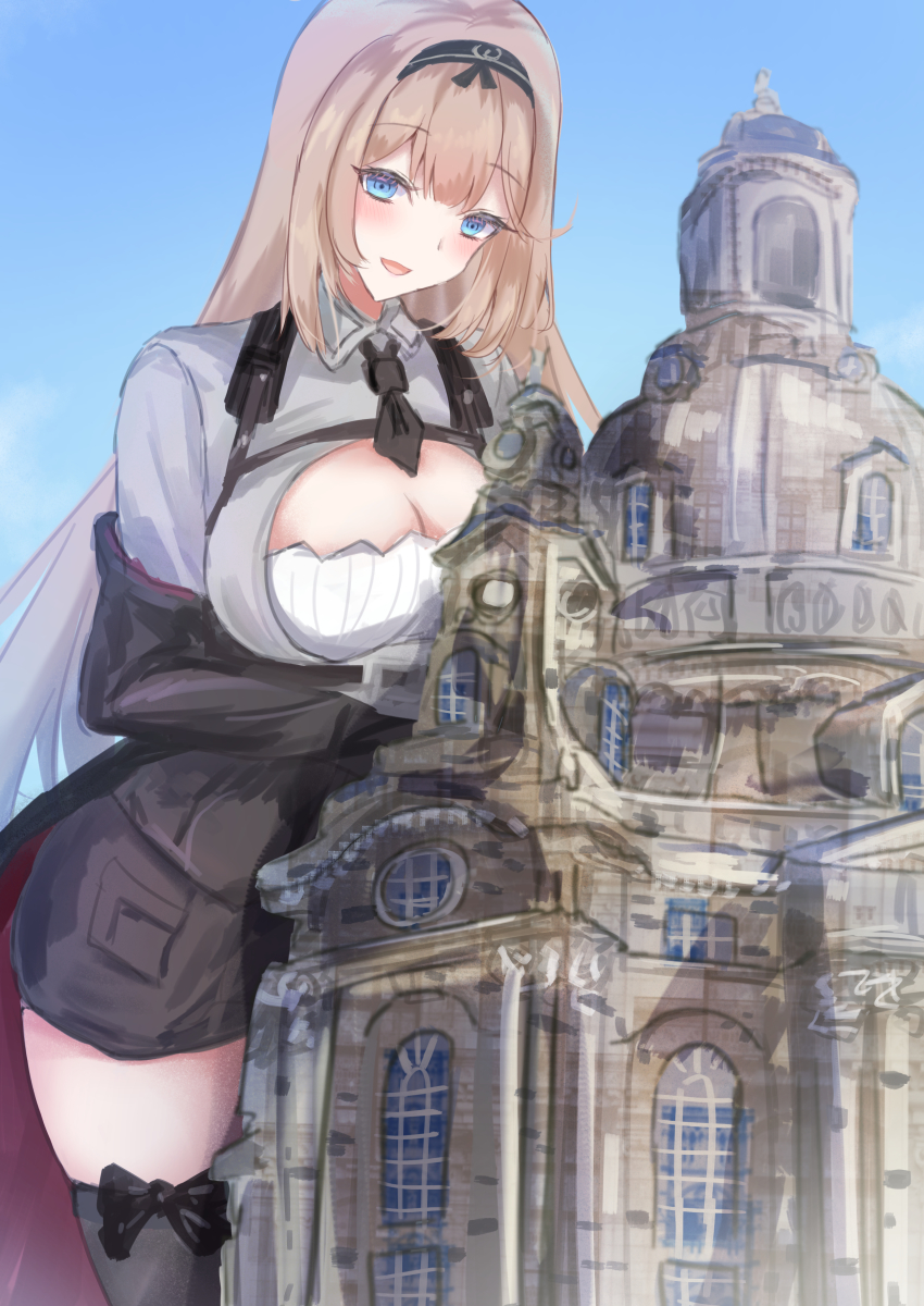 absurdres assault_rifle black_gloves black_pants blonde_hair blue_eyes breasts building castle city cleavage_cutout clothing_cutout copyright_request day giant giantess girls&#039;_frontline gloves gun highres long_hair martinreaction open_mouth pants rifle shirt sky stg44 thighhighs thighs weapon white_shirt