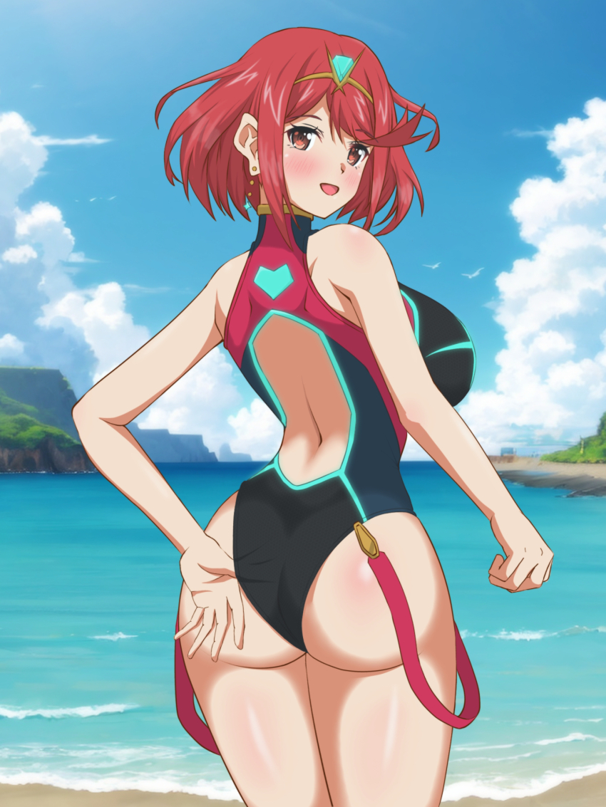 1girl adjusting_buruma adjusting_clothes adjusting_swimsuit ass breasts buruma hata_(pixiv10403940) highleg large_breasts looking_back pyra_(pro_swimmer)_(xenoblade) pyra_(xenoblade) sleeveless sleeveless_turtleneck solo swimsuit turtleneck xenoblade_chronicles_(series) xenoblade_chronicles_2