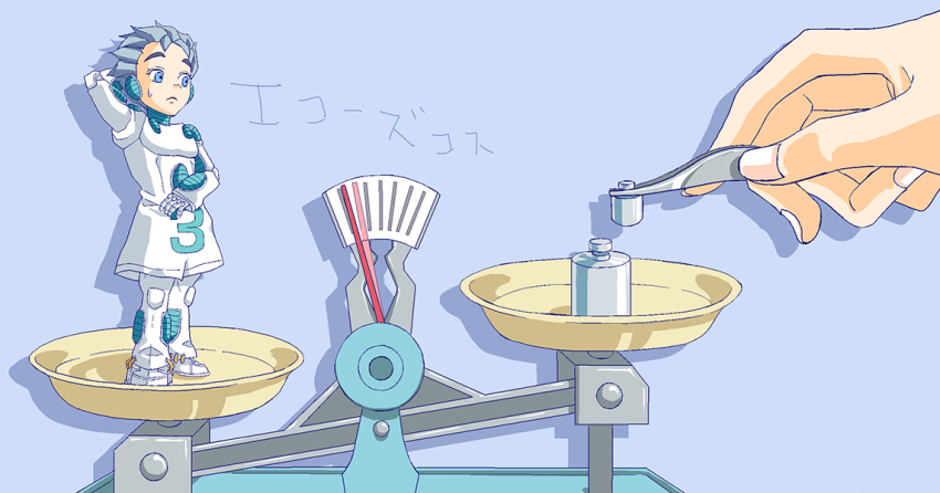1boy arm_behind_head balance_scale blue_eyes echoes_(stand) echoes_act3 forceps frown fusion grey_hair hirose_koichi jojo_no_kimyou_na_bouken male_focus mini_person miniboy roku2580 solo_focus sweatdrop translation_request weighing_scale