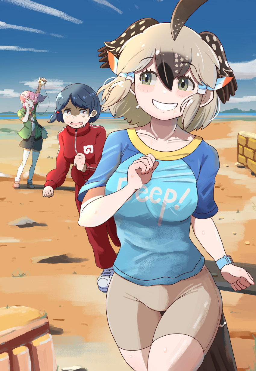 3girls absurdres alternate_costume bike_shorts bird_girl bird_tail bird_wings black_hair black_shorts blue_shirt blush brown_hair captain_(kemono_friends) collarbone greater_roadrunner_(kemono_friends) green_eyes green_jacket grey_hair grey_shorts head_wings highres jacket japari_symbol kemono_friends kemono_friends_3 multiple_girls nana_(kemono_friends) ookii_yama open_clothes open_jacket pants pink_hair red_track_suit shirt short_hair shorts side_ponytail sidelocks smile stopwatch sweatdrop tail track_jacket track_pants track_suit two-tone_shirt watch white_sneakers wings