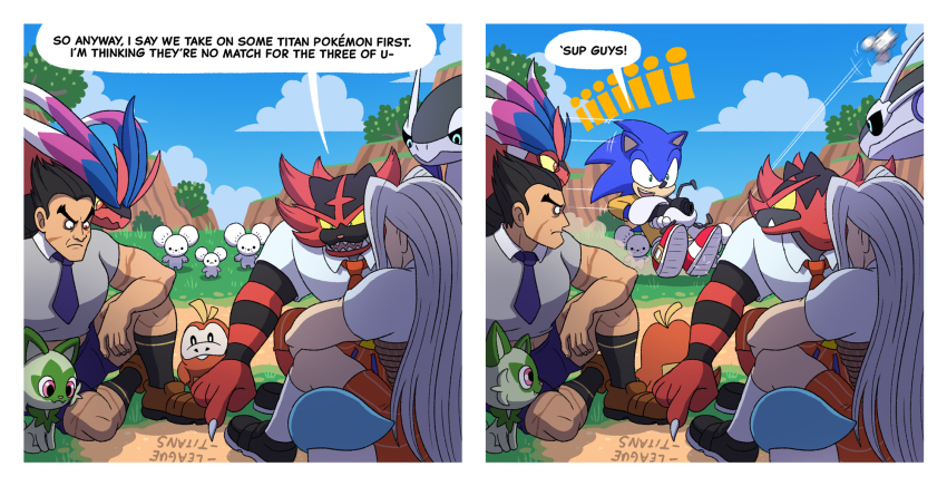 5boys abel_hagen aperture_science_handheld_portal_device claws comic final_fantasy final_fantasy_vii fuecoco gen_7_pokemon grin highres incineroar koraidon maushold miraidon mishima_kazuya multiple_boys naranja_academy_school_uniform nintendo pokemon pokemon_sv quaxly school_uniform sephiroth smile sonic_(series) sonic_the_hedgehog speech_bubble sprigatito square_enix super_smash_bros. talking tekken uva_academy_school_uniform