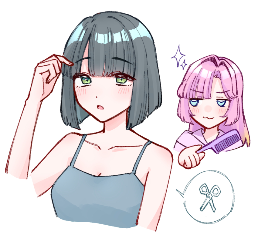 2girls :3 alternate_costume anyoji_hime bare_shoulders black_hair blonde_hair blue_camisole blunt_bangs blush bob_cut breasts camisole cleavage closed_mouth collarbone comb cropped_shoulders cropped_torso gradient_hair green_eyes hair_intakes holding holding_comb hood hooded_jacket inverted_bob jacket jitome link!_like!_love_live! long_bangs long_hair looking_up love_live! medium_breasts momose_ginko multicolored_hair multiple_girls open_mouth pink_hair pink_jacket scissors short_hair sidelocks simple_background spoken_object virtual_youtuber white_background zangemiya