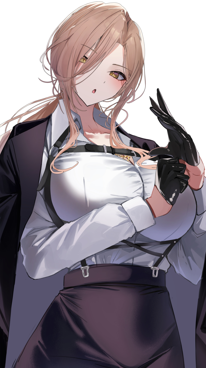 1girl :o absurdres adjusting_clothes adjusting_gloves black_gloves black_jacket black_skirt breasts chest_belt chest_harness collared_shirt dress_shirt gloves gold_necklace hair_between_eyes harness highres huge_breasts jacket jacket_on_shoulders jewelry light_brown_hair long_hair long_sleeves looking_at_viewer low_ponytail miniskirt necklace nijisanji nui_sociere nui_sociere_(9th_costume) pencil_skirt ponytail shiro_marimo shirt simple_background skirt solo virtual_youtuber white_background white_shirt yellow_eyes