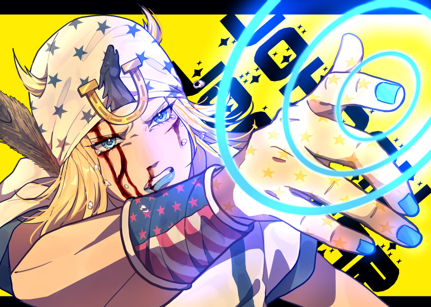 1boy absurdres american_flag american_flag_print beanie blonde_hair blood blood_on_face blue_eyes blue_lips feathers finger_gun flag_print hat highres horseshoe_ornament johnny_joestar jojo_no_kimyou_na_bouken male_focus siniy solo star_(symbol) star_print steel_ball_run tears wristband