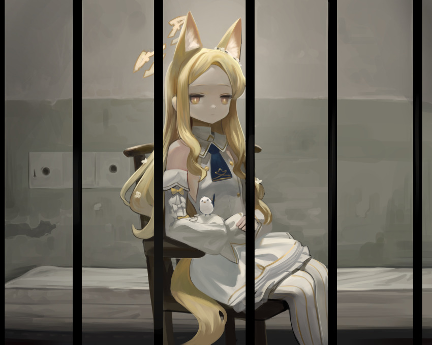 1girl absurdres animal animal_ear_fluff animal_ears animal_on_arm bars bird blonde_hair blue_archive brown_eyes chair closed_mouth detached_sleeves dokomon dress feet_out_of_frame forehead from_outside from_side halo highres indoors long_hair long_sleeves looking_at_viewer mattress obstructed_view on_chair pantyhose parted_bangs prison prison_cell puffy_long_sleeves puffy_sleeves seia_(blue_archive) silent_hill_(series) silent_hill_1 sitting sleeveless sleeveless_dress sleeves_past_fingers sleeves_past_wrists solo striped_clothes striped_pantyhose tail vertical-striped_clothes vertical-striped_pantyhose very_long_hair white_dress white_pantyhose white_sleeves