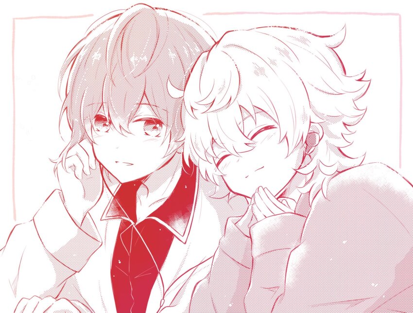 2boys border closed_eyes closed_mouth collared_shirt earphones hari_nyan_nyan highres jacket long_sleeves looking_at_another male_focus medium_hair miyama_kei multiple_boys open_mouth paradox_live pink_jacket rokuta_(paradox_live) shared_earphones shirt short_hair smile white_border