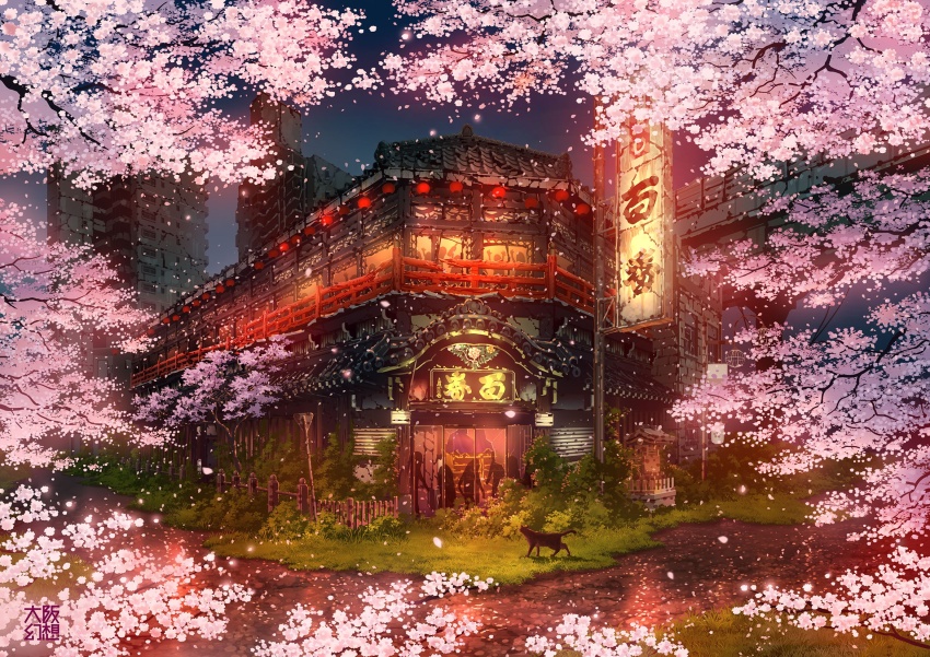 abandoned animal black_cat branch building cat commentary_request damaged dilapidated fence flower highres lantern night night_sky no_humans original outdoors overgrown paper_lantern pink_flower post-apocalypse railing scenery sign silhouette sky tokyogenso tree water window