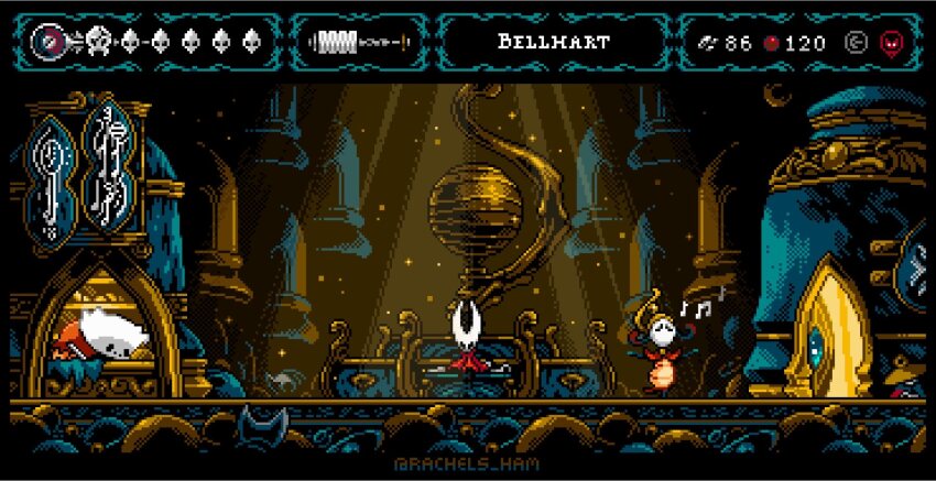 arthropod_girl bell bench black_eyes black_skin building cloak colored_skin full_body hat highres hollow_eyes hollow_knight hollow_knight:_silksong horned_mask hornet_(hollow_knight) horns in-universe_location mask musical_note needle_(hollow_knight) pixel_art rachels_ham red_cloak sitting too_many_bells twitter_username white_mask