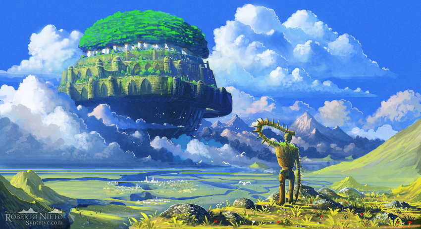 artist_name bird cloud cloudy_sky day floating_castle highres landscape laputa_robot mountain mountainous_horizon no_humans outdoors river scenery sky syntetyc tenkuu_no_shiro_laputa town