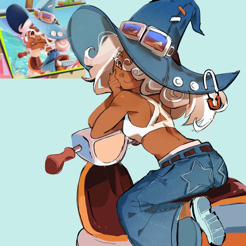 1girl audieaudieaudie back bare_arms bare_shoulders belt bikini blue_background blue_hat blue_pants breasts brown_belt brown_eyes brown_hair closed_mouth colored_eyelashes commentary cookie_run cookie_run:_kingdom cookie_run:_ovensmash criss-cross_halter curly_hair dark-skinned_female dark_skin denim elbow_rest english_commentary fingernails from_behind full_body goggles goggles_on_headwear gradient_hair hair_over_one_eye halterneck hand_on_own_cheek hand_on_own_face hand_up hat highres humanization jeans large_hat latte_cookie long_hair looking_at_viewer looking_back moped motor_vehicle multicolored_hair one_eye_covered pants paperclip pointing pointing_at_self reference_inset simple_background sitting small_breasts smile solo star_(symbol) star_print swimsuit turning_head white_bikini white_eyelashes white_hair witch_hat