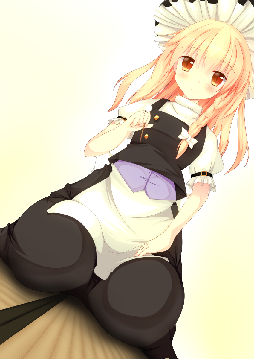 1girl absurdres black_hat black_skirt black_vest blonde_hair blush brown_eyes closed_mouth commentary_request cookie_(touhou) dutch_angle frilled_hat frilled_sleeves frills full_body hat highres holding kirisame_marisa lap_pillow_invitation long_hair looking_at_viewer mimikaki seiza shirt short_sleeves sitting skirt smile solo szk touhou uzuki_(cookie) vest white_shirt witch_hat
