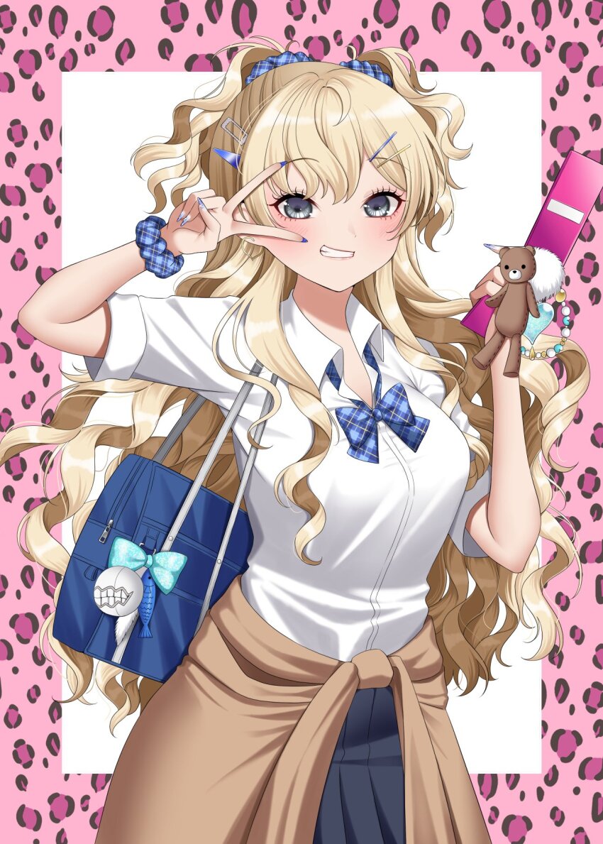 1girl abyssal_ship alternate_costume arm_up bag_charm blonde_hair blue_bag blue_bow blue_bowtie blue_scrunchie border bow bowtie breasts cellphone_charm charm_(object) collared_shirt commentary_request cowboy_shot enemy_aircraft_(kancolle) grey_eyes grey_skirt grin hair_ornament hair_scrunchie highres holding holding_phone jacket kantai_collection large_breasts long_hair looking_at_viewer minneapolis_(kancolle) phone pink_border scrunchie shirt skirt smile solo tied_jacket two_side_up v v_over_eye wavy_hair white_background white_shirt wrist_scrunchie yomogi_dango