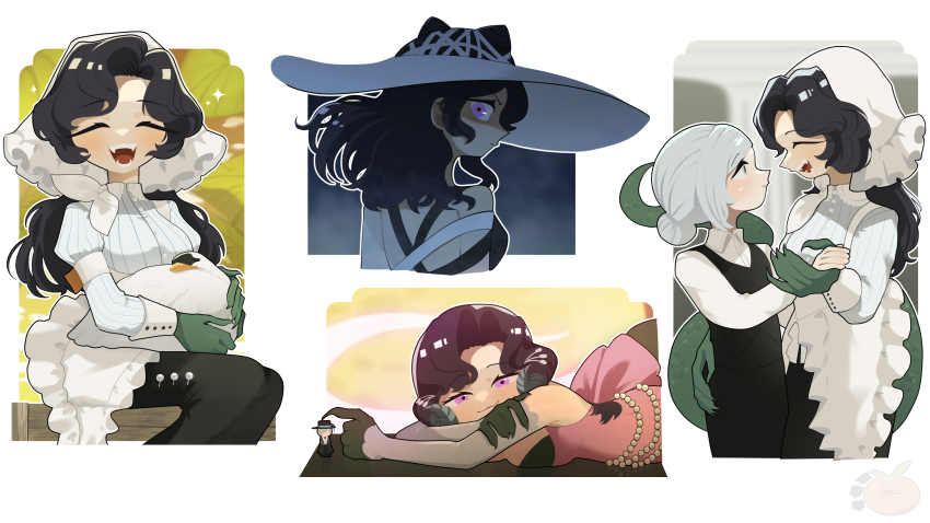 2girls :3 ^_^ absurdres animal anjo_nala bare_shoulders bird black_dress black_hair black_pants black_skirt black_vest closed_eyes coif collared_shirt cone_hair_bun corset curled_horns daku_k double_bun dress elbow_gloves face-to-face fangs gloves green_eyes green_gloves green_tail grey_gloves grey_hair grey_horns hair_bun hat highres holding holding_animal holding_hands horns lizard_tail long_hair looking_at_another low_horns lying ms._kimberly_(reverse:1999) multiple_girls multiple_views neckerchief on_stomach open_mouth pants pink_dress pinstripe_pattern pinstripe_shirt profile purple_eyes reverse:1999 shirt single_side_bun sitting skirt sleeveless sleeveless_dress striped_clothes striped_shirt swan tail teeth vertical-striped_clothes vertical-striped_shirt vertin_(reverse:1999) vest white_background white_corset white_hat white_neckerchief white_shirt