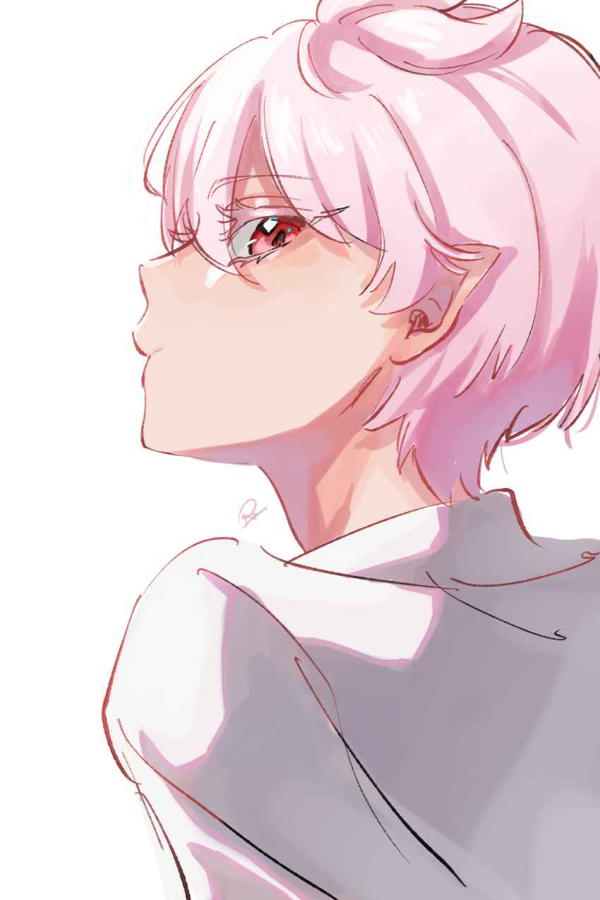 1girl asmodeus_alice highres kr27 mairimashita!_iruma-kun male_focus pink_eyes pink_hair pointy_ears shirt short_hair signature simple_background solo white_background white_shirt