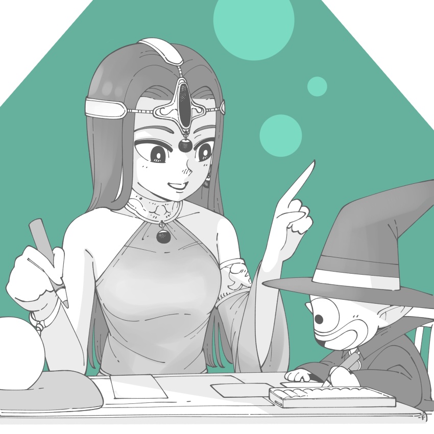 1girl absurdres bare_shoulders blinkster bright_pupils circlet commentary_request crystal_ball cushion detached_sleeves dragon_quest dragon_quest_iv earrings forehead_jewel greyscale hands_up hat highres holding holding_pencil index_finger_raised jewelry long_hair minea_(dq4) monochrome neck_ring official_alternate_costume one-eyed open_mouth orb paper pencil pointy_ears robe smile sphere_earrings table white_pupils witch_hat writing yoshinari_tatsuno