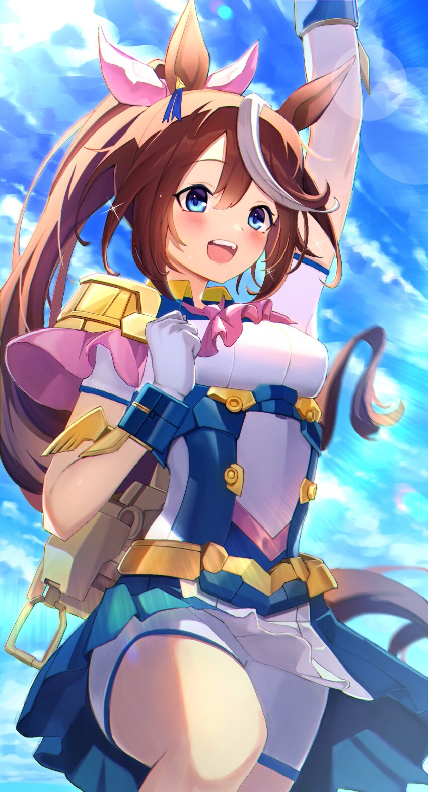 1girl absurdres animal_ears blue_eyes blush ear_ornament highres horse_ears horse_girl horse_tail pink_ribbon ribbon shorts skirt smile solo tail tokai_teio_(umamusume) tsujiya_okuyasu umamusume