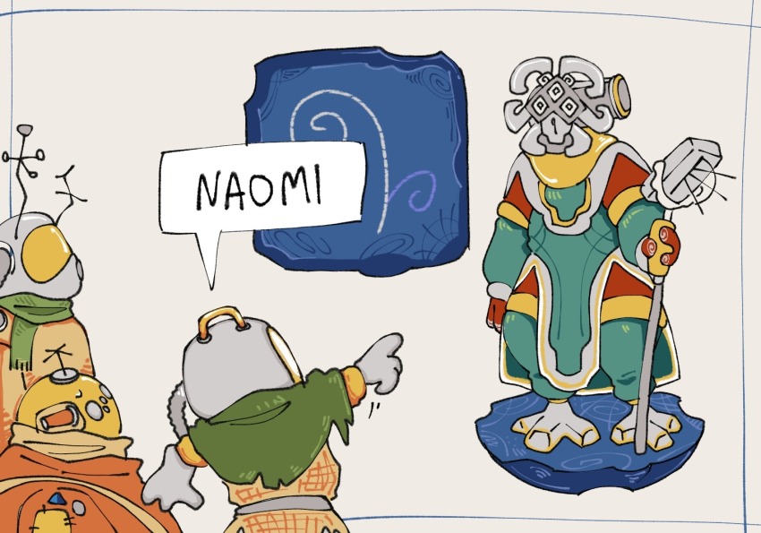 4others gabbro green_scarf hatchling_(outer_wilds) meme multiple_others nomai not_what_i&#039;m_called_(meme) outer_wilds patch pointing riebeck_(outer_wilds) sapiserket scarf solanum_(outer_wilds) spacesuit speech_bubble staff standing