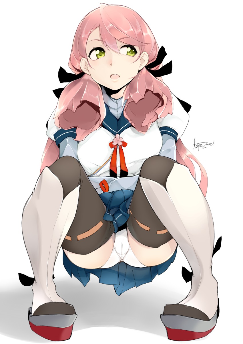 10s 1girl absurdres akashi_(kancolle) bad_id bad_pixiv_id black_thighhighs blush female_focus green_eyes hair_ribbon highres kantai_collection long_hair panties pantyshot pink_hair ribbon ribbon-trimmed_legwear ribbon_trim school_uniform serafuku sidelocks simple_background skirt solo squatting thighhighs topo_(bacchustab) topo_bevitore underwear upskirt white_background white_panties