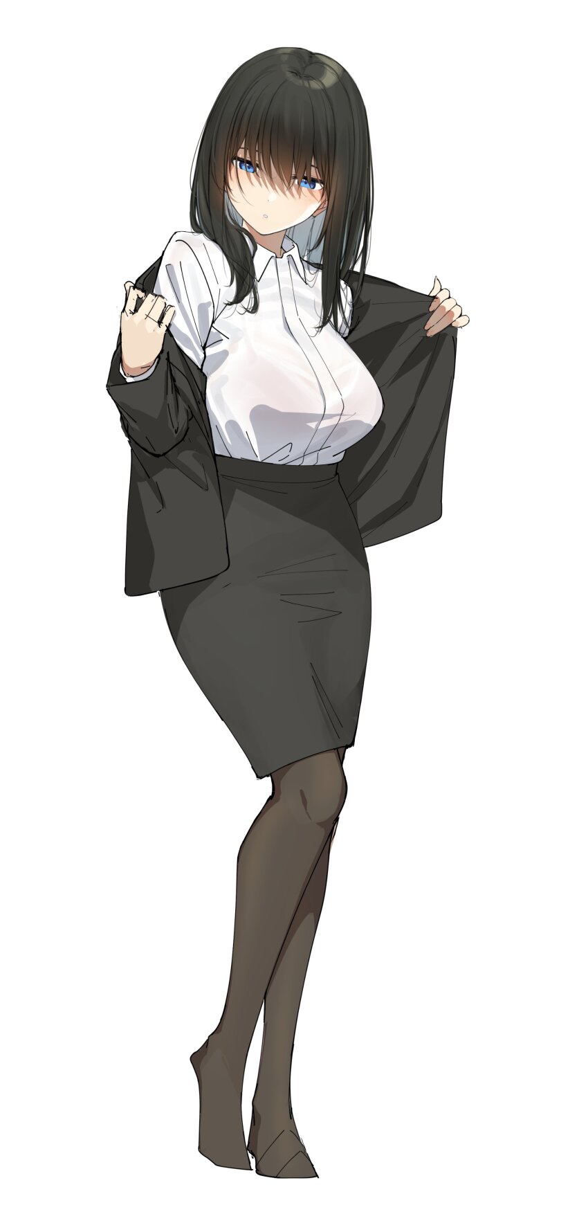 1girl absurdres black_hair black_skirt black_suit blue_eyes blush breasts formal_clothes go-1 hair_between_eyes highres idolmaster idolmaster_cinderella_girls large_breasts long_hair office_lady pantyhose sagisawa_fumika shirt skirt solo suit undressing white_shirt