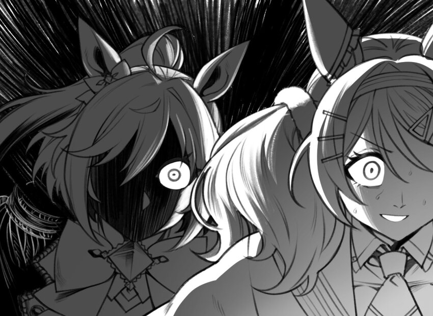 2girls admire_japan_(racehorse) ahoge animal_ears bow bowtie comic_panel_redraw deep_impact_(umamusume) derivative_work ear_bow epaulettes fukuro_(maruaru00) gem genderswap genderswap_(mtf) hair_between_eyes hair_ornament hairclip half_updo horse_ears horse_girl long_hair motion_lines multiple_girls necktie nervous_sweating one_eye_in_shadow original personification speed_lines sweat twintails umamusume umamusume:_cinderella_gray upper_body