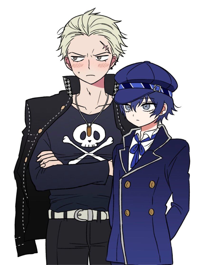 1boy 1girl androgynous arms_behind_back belt black_jacket black_pants black_shirt blonde_hair blue_coat blue_hair blue_hat blue_ribbon blush brown_eyes buttons closed_mouth coat commentary_request cowboy_shot crossed_arms double-breasted facing_to_the_side facing_viewer frown grey_eyes hair_between_eyes hair_slicked_back hat highres jacket jacket_on_shoulders jewelry long_sleeves looking_ahead looking_to_the_side necklace pants persona persona_4 reverse_trap ribbon scar scar_on_face school_uniform shirogane_naoto shirt shiryoku_kensa short_hair simple_background skull_and_crossbones skull_print sweatdrop tatsumi_kanji very_short_hair white_background white_shirt yasogami_school_uniform