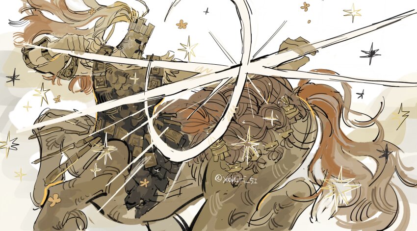 1boy absurdres armor blood blue_blood bow_(weapon) centaur cross drawing_bow elden_ring elden_ring_nightreign from_side fulghor_(elden_ring) full_body glowing helmet highres holding holding_bow_(weapon) holding_weapon scale_armor solo sparkle taur weapon white_background yashiki_(gh0st_5010)