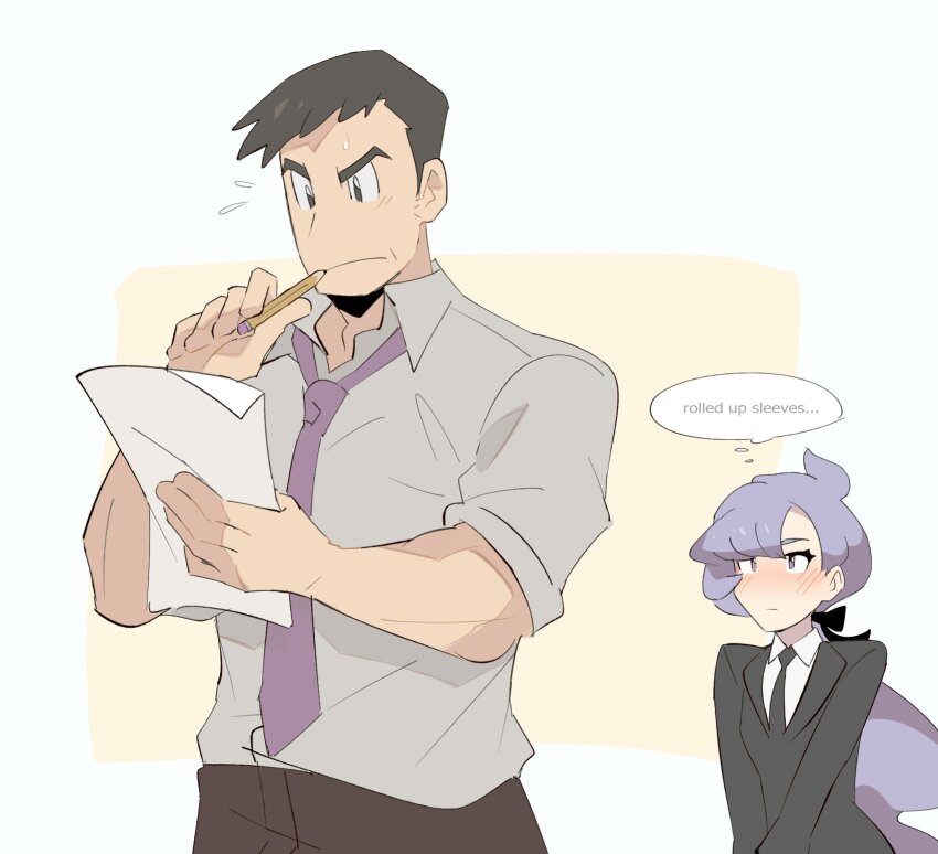 1boy 1girl anabel_(pokemon) art_trade black_hair blush collared_shirt english_text facial_hair flying_sweatdrops highres holding holding_pencil looker_(pokemon) looking_at_another necktie nintendo pencil pokemon pokemon_sm ponytail purple_eyes purple_hair saturday_(hokawazu) shirt sideburns_stubble sleeves_rolled_up stubble thick_eyebrows