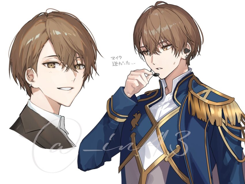 1boy artist_name blue_jacket brown_eyes brown_hair collared_shirt crossed_bangs earpiece earrings epaulettes gold_trim hair_between_eyes hand_up idol_clothes in43 jacket jewelry kagami_hayato kagami_hayato_(1st_costume) long_sleeves looking_at_viewer male_focus microphone multiple_views nijisanji parted_bangs parted_lips shirt short_hair simple_background sleeve_cuffs smile sweatdrop translation_request twitter_username upper_body virtual_youtuber white_background white_shirt wing_collar