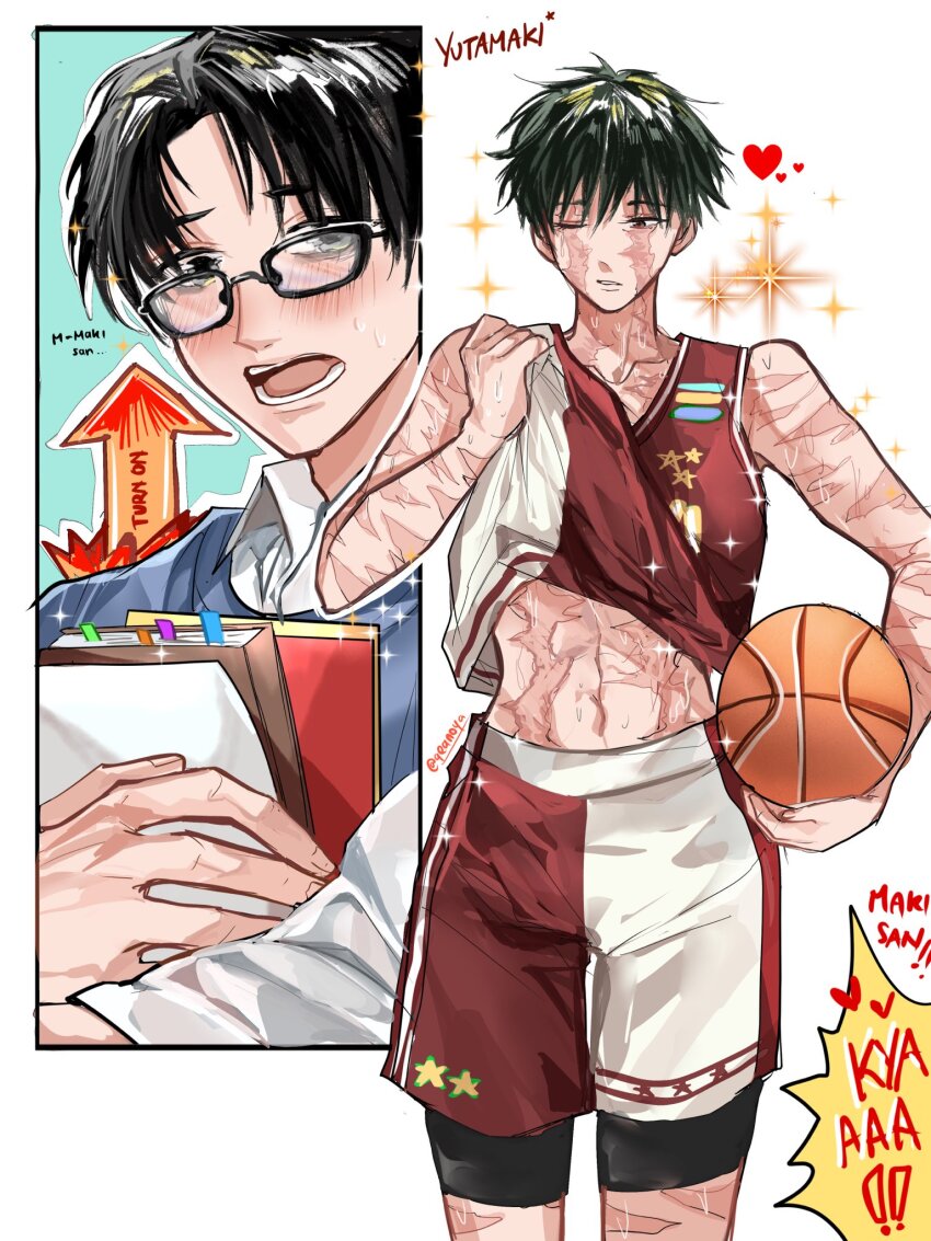 1boy 1girl ball basketball_(object) basketball_jersey black-framed_eyewear black_eyes black_hair black_shorts blue_shirt blush book brown_eyes burn_scar clothes_lift collared_shirt cut-in english_text green_hair heart highres holding holding_ball holding_book jacket jujutsu_kaisen lifting_own_clothes long_sleeves navel okkotsu_yuuta one_eye_closed open_mouth parted_lips qeanoya scar scar_on_arm scar_on_face scar_on_leg scar_on_shoulder scar_on_stomach scars_all_over shirt shirt_lift short_hair shorts simple_background sparkle sweat sweatdrop sweater_vest too_many white_background white_shirt zen&#039;in_maki