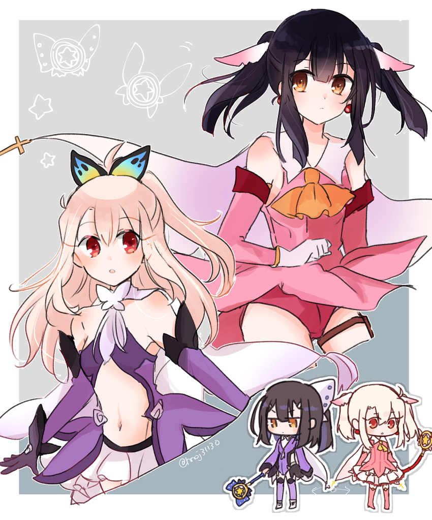 2girls :o ascot bare_shoulders black_hair blonde_hair boots border butterfly_hair_ornament cape chibi cosplay cowboy_shot cross dress earrings expressionless fate/kaleid_liner_prisma_illya fate_(series) feather_hair_ornament feathers full_body gloves grey_background hair_ornament highres holding holding_wand illyasviel_von_einzbern jewelry long_hair magical_ruby magical_sapphire miyu_edelfelt miyu_edelfelt_(magical_girl) multiple_girls navel one_side_up orange_ascot outside_border panties pink_boots pink_dress pink_panties pink_sleeves prisma_illya prisma_illya_(cosplay) prisma_illya_(sapphire_version) purple_sleeves purple_thighhighs red_eyes saihara sidelocks sideways_glance thigh_boots thighhighs twintails underwear wand white_border white_cape white_footwear white_gloves yellow_eyes