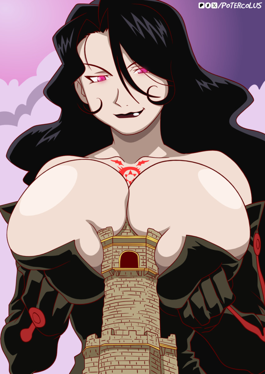 1girl bare_shoulders between_breasts breasts cleavage dress elbow_gloves female_focus fullmetal_alchemist giant giantess gloves glowing glowing_eyes highres huge_breasts lipstick long_hair looking_down lust_(fma) makeup off-shoulder_dress off_shoulder pink_eyes poter_colus solo tattoo