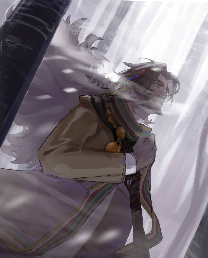 1boy adjusting_scarf akarinchan beard blonde_hair brown_coat brown_eyes brown_hair coat dark-skinned_male dark_skin dutch_angle facial_hair facing_up floating_hair fog forest from_side hand_up highres long_hair long_sleeves looking_up male_focus mature_male multicolored_scarf mustache nature open_mouth outdoors profile reverse:1999 scarf shamane solo teeth tree upper_body upper_teeth_only