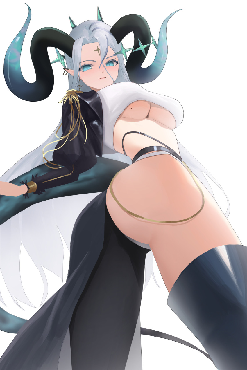 1girl absurdres asymmetrical_legwear black_pantyhose blue_eyes breasts brown_dust brown_dust_(series) clothing_cutout facial_mark forehead_mark from_below highres huge_horns large_breasts long_hair long_sleeves looking_at_viewer looking_down pantyhose pointy_ears qazplm951 simple_background single_leg_pantyhose solo underboob underboob_cutout very_long_hair white_background white_hair
