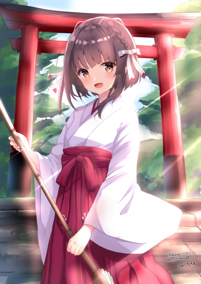 1girl absurdres braid broom brown_eyes brown_hair day hair_ribbon hakama hakama_skirt highres himura_moritaka holding holding_broom japanese_clothes kantai_collection kimono looking_at_viewer miko official_alternate_costume open_mouth outdoors red_hakama ribbon short_hair short_hair_with_long_locks side_braids sidelocks skirt solo stairs standing stone_stairs torii ukuru_(kancolle) ukuru_(miko)_(kancolle) white_kimono white_ribbon wide_sleeves