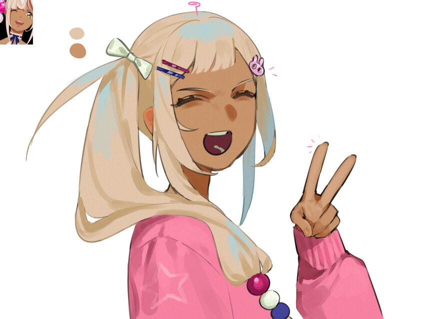 1girl blonde_hair bow caos commentary dark-skinned_female dark_skin facing_viewer hair_bow hair_ornament hairclip hashtag-only_commentary highres hololive hololive_english long_sleeves one_eye_closed open_mouth portrait rabbit_hair_ornament reference_inset side_ponytail smile solo sweater tsukumo_sana v virtual_youtuber