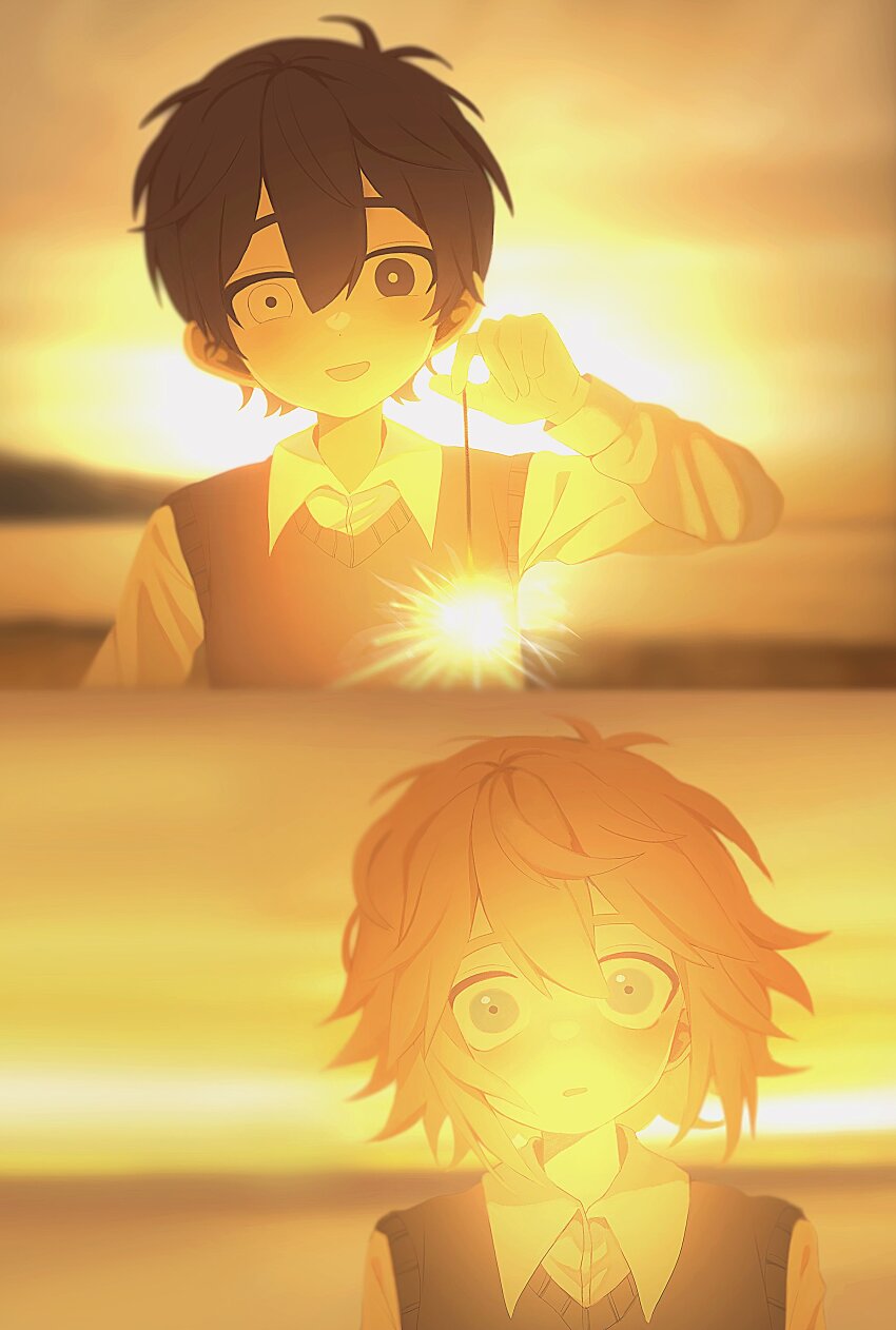 2boys absurdres alternate_sleeve_length basil_(faraway)_(omori) basil_(omori) black_eyes black_hair black_sweater_vest blonde_hair blue_eyes blurry blurry_background blush bright_pupils collared_shirt fireworks green_sweater_vest heterochromia highres holding holding_fireworks long_sleeves looking_at_another multiple_boys my_loleeta omori open_mouth outdoors shirt short_hair smile sparkler spoilers sunny_(omori) sunset sweater_vest white_eyes white_pupils white_shirt