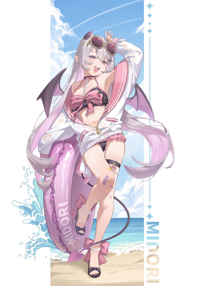 1girl absurdres arm_up armpits bare_shoulders beads bikini black_bikini black_choker black_sandals bow breasts choker commentary demon_girl demon_horns demon_tail demon_wings eyewear_on_head frilled_bikini frills full_body grey_hair halterneck high_heels highres horns indie_virtual_youtuber innertube jacket leg_up long_hair long_sleeves looking_at_viewer medium_breasts midori_fufu midori_fufu_(vtuber) multicolored_hair navel off_shoulder open_mouth pink_bow pink_hair pointy_ears round_eyewear sandals smile solo standing standing_on_one_leg stomach string_bikini sunglasses swim_ring swimsuit tail thigh_strap thighs two-tone_hair very_long_hair virtual_youtuber wet white_jacket wings yellow_eyes