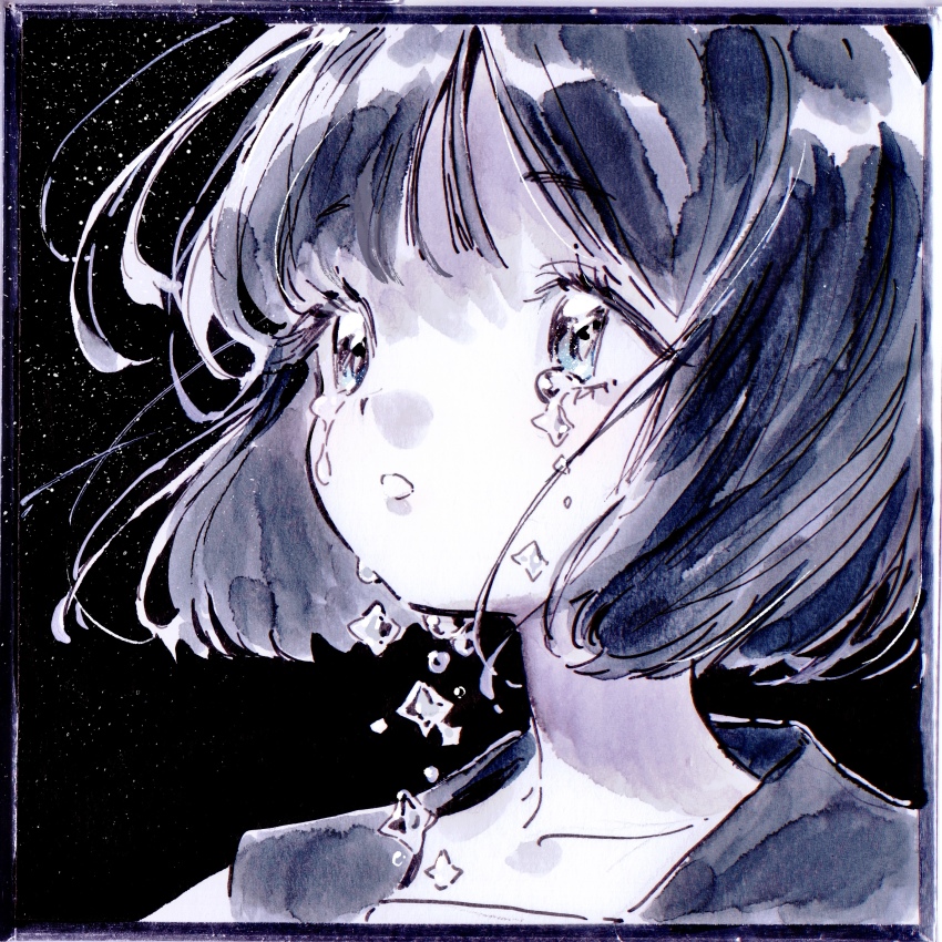 1girl absurdres alternate_body_fluid blue_eyes bob_cut crying crying_with_eyes_open crystal floating_hair hidari_(nanmu-left) highres light_particles looking_ahead monochrome open_mouth original portrait school_uniform serafuku shikishi short_hair simple_background solo star_tears tears traditional_media
