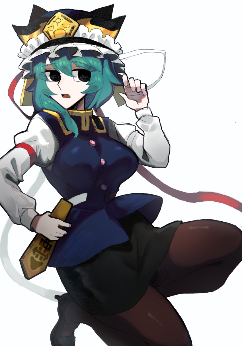 1girl absurdres alternate_breast_size asymmetrical_hair black_eyes black_hat black_shoes black_skirt blue_vest breasts brown_pantyhose buttons epaulettes expressionless frilled_hat frills full_body green_hair hair_between_eyes hat highres holding iganashi1 impossible_clothes impossible_vest large_breasts long_bangs long_sleeves looking_to_the_side medium_hair open_mouth pantyhose pencil_skirt reverse_grip rod_of_remorse shiki_eiki shirt shoes simple_background skirt solo touhou vest white_background white_shirt