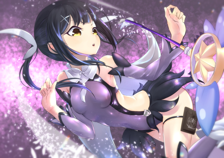 1girl absurdres black_hair breasts card_holster detached_sleeves fate/kaleid_liner_prisma_illya fate_(series) highres kaleidostick leotard long_hair looking_to_the_side magical_girl magical_sapphire miyu_edelfelt ningmeng_fengmi small_breasts solo yellow_eyes