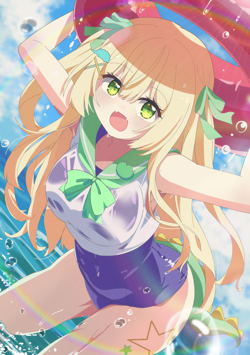1girl :d absurdres arms_up blonde_hair blue_one-piece_swimsuit blue_sky blush bow breasts cloud commission day fangs fish_hair_ornament green_bow green_eyes green_sailor_collar hair_ornament hair_ribbon hairclip highres holding holding_swim_ring innertube leg_tattoo lens_flare long_hair looking_at_viewer medium_breasts ocean one-piece_swimsuit open_mouth outdoors rainbow ribbon sailor_collar sailor_shirt school_swimsuit school_uniform see-through_clothes serafuku shiro9jira shirt skeb_commission skin_fangs sky sleeveless sleeveless_shirt smile solo swim_ring swimsuit swimsuit_under_clothes tattoo two_side_up vbox virtual_youtuber wading water water_drop wet wet_clothes wet_shirt white_shirt x_hair_ornament zaza_zauru