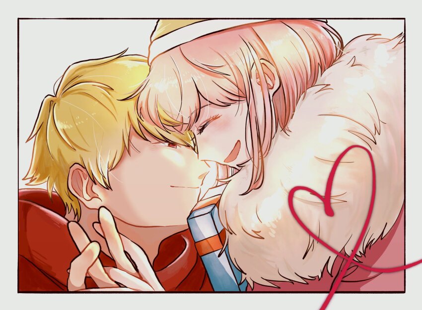 1boy 1girl :d ando_ruruka blonde_hair blush border box closed_mouth danganronpa_(series) danganronpa_3_(anime) facing_another from_side fur_collar gift gift_box heart highres holding_hands izayoi_sounosuke kiri_(2htkz) open_mouth pink_hair portrait profile red_eyes short_hair smile white_border