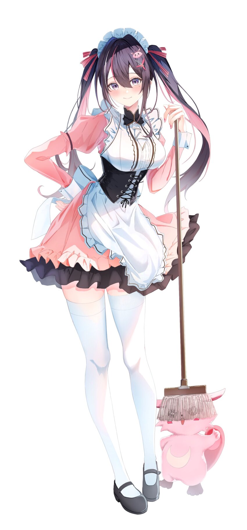 1girl absurdres alternate_costume apron azki_(hololive) black_corset black_hair black_shoes blush breasts broom closed_mouth commentary corset dress enmaided frilled_apron frills full_body hair_between_eyes hand_on_own_hip highres holding holding_broom hololive large_breasts long_hair long_sleeves looking_at_viewer maid maid_headdress mary_janes multicolored_hair pink_dress pink_hair pioneer_(azki) purple_eyes rin_(rin_illust_0805) shoes simple_background smile solo standing thighhighs two-tone_hair white_apron white_background white_thighhighs zettai_ryouiki