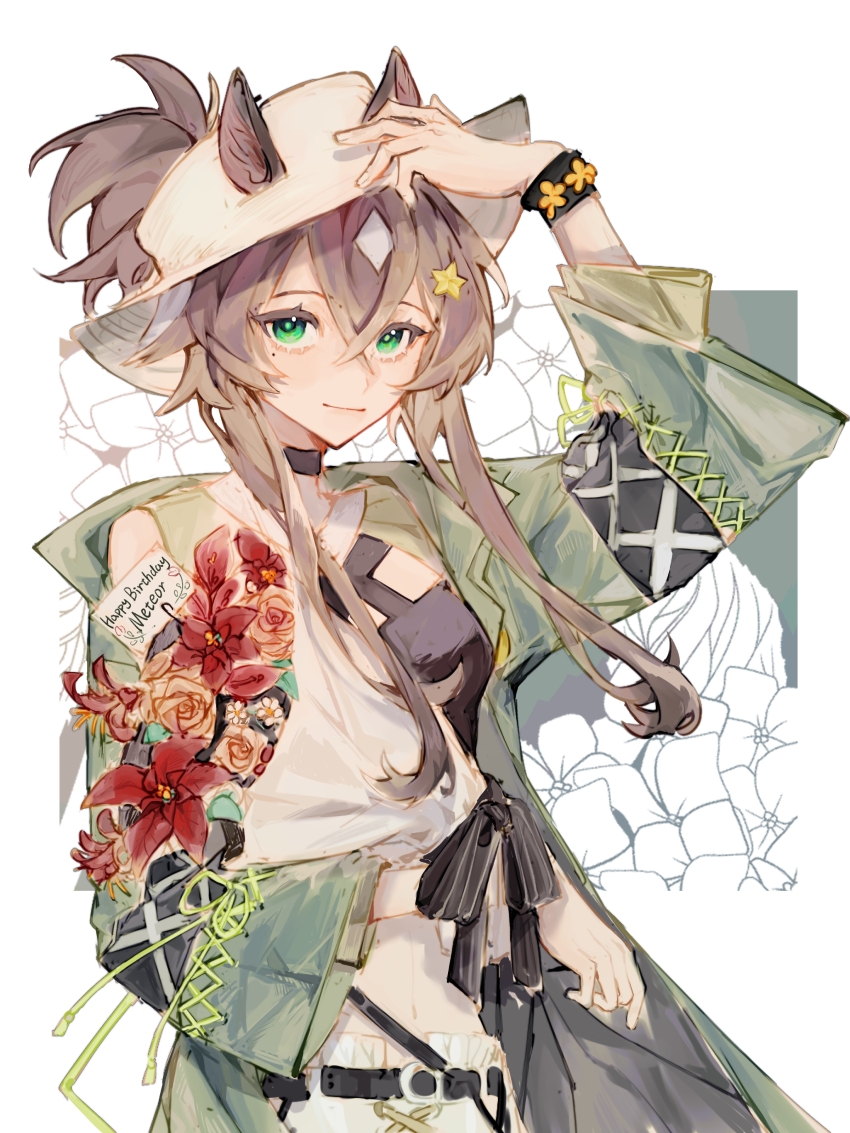 1girl absurdres animal_ears arknights arm_up black_choker black_ribbon black_shirt bouquet bracelet brown_hair choker coat commentary_request crop_top ears_through_headwear expressionless flower green_coat green_eyes hair_ornament hand_on_headwear happy_birthday hat highres holding holding_bouquet horse_ears horse_girl jewelry long_hair long_sleeves looking_at_viewer meteor_(arknights) meteor_(bard&#039;s_holiday)_(arknights) official_alternate_costume open_clothes open_coat pants red_flower ribbon sangyu-feiwan shirt solo star_(symbol) star_hair_ornament upper_body white_hat white_pants
