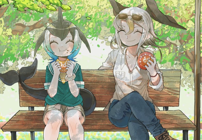 2girls :t ^_^ bald_eagle_(kemono_friends) beige_shorts bench bird_girl bird_tail bird_wings black_hair blonde_hair blowhole blush casual cetacean_tail closed_eyes collared_shirt commentary_request common_dolphin_(kemono_friends) crossed_legs crumbs denim dolphin_girl dorsal_fin eating eyewear_on_head fins fish_tail food green_shirt hair_between_eyes head_wings japari_bun jeans kanmoku-san kemono_friends kemono_friends_3 long_hair long_sleeves multicolored_hair multiple_girls official_alternate_costume pants sailor_collar shirt short_hair short_sleeves sitting smile striped_clothes striped_shirt tail white_hair white_shirt wings yellow_shirt