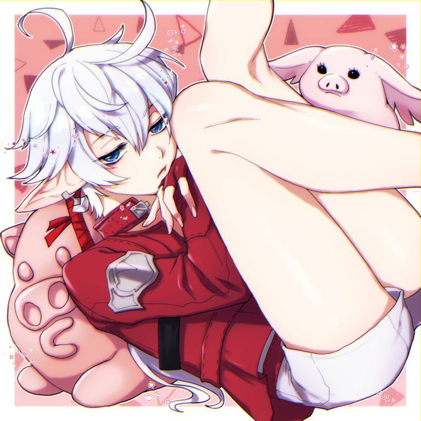 1girl :t ahoge alisaie_leveilleur blue_eyes border cheek_press earclip elezen elf feet_out_of_frame final_fantasy final_fantasy_xiv fingerless_gloves fosaster_fenrir gloves highres jacket leg_focus legs long_hair looking_at_viewer lying on_back outline outside_border pointy_ears porxie_(ff14) red_background red_gloves red_jacket shorts simple_background solo star_(symbol) white_border white_hair white_outline white_shorts