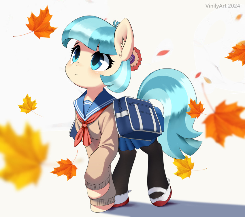 alternate_costume animal animal_focus autumn_leaves black_pantyhose blue_eyes blue_hair blue_skirt clothed_animal coco_pommel commentary_request flower full_body hair_flower hair_ornament highres hooves horse leaf long_sleeves looking_up my_little_pony my_little_pony:_friendship_is_magic no_humans pantyhose pony_(animal) school_uniform serafuku shoes short_hair simple_background skirt solo tail vinilyart white_background white_shoes