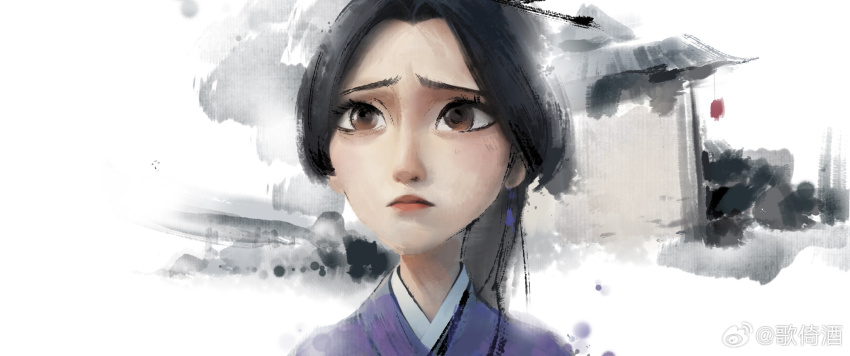 1girl architecture black_hair brown_eyes chinese_clothes east_asian_architecture faux_traditional_media furrowed_brow hanfu highres ink_wash_painting lady_yin_(nezha_zhi_motong_jiangshi) long_hair looking_up nezha_zhi_motong_jiangshi official_art purple_hanfu red_lips solo upper_body watermark weibo_watermark wenxu_xu white_background